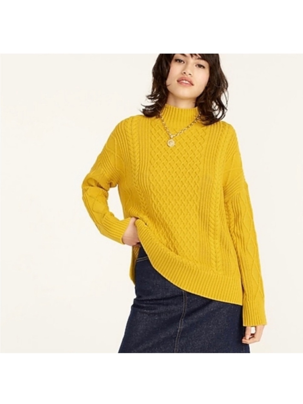 J.Crew Long Cotton Cable Knit Mock Neck Sweater - Picture 2 of 4